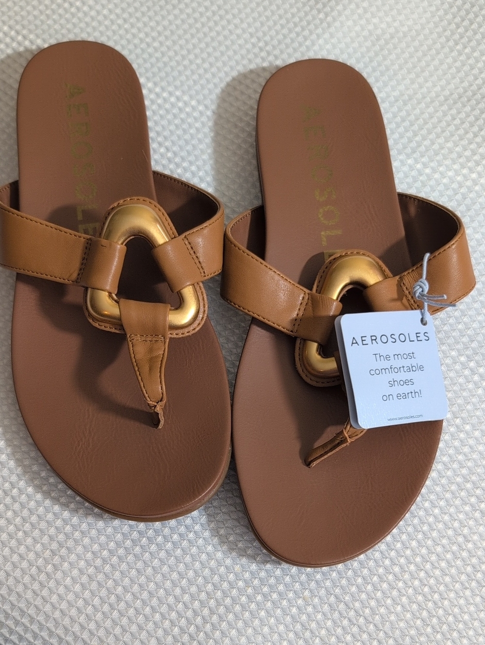 AEROSOLES Brown Leather Thong Sandals with Gold Ring Accent